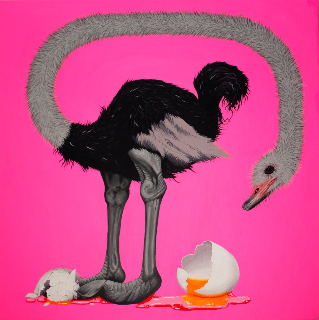 Destroy First Repair After / Ostrich Triptych / 2022 / acrylic paint on canvas / 100 x 100 cm / Mina Stokke