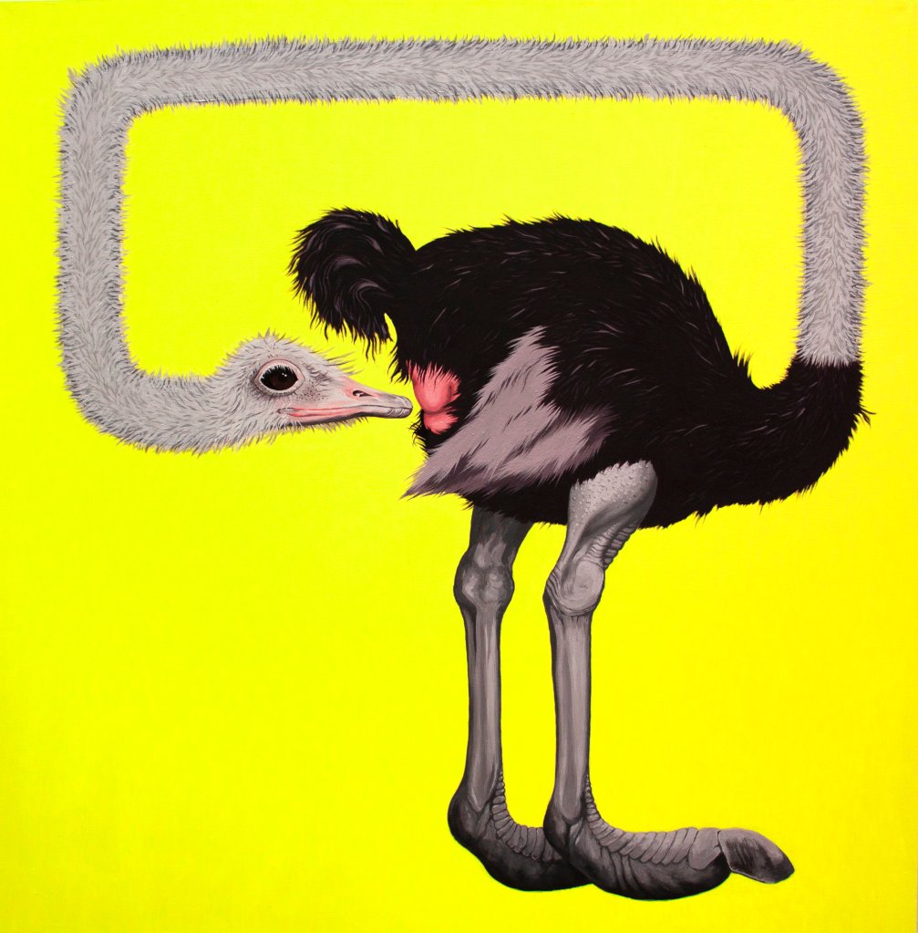 Going New Places Seeing New Things / Ostrich Triptych / 2022 / acrylic paint on canvas / 100 x 100 cm / Mina Stokke