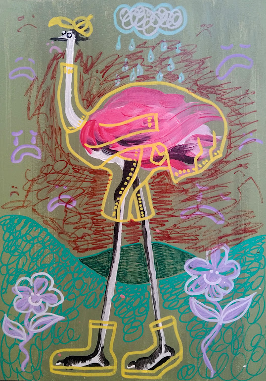 Ostriches Are Players / Acrylics on MDF / 2022 / Mina Stokke